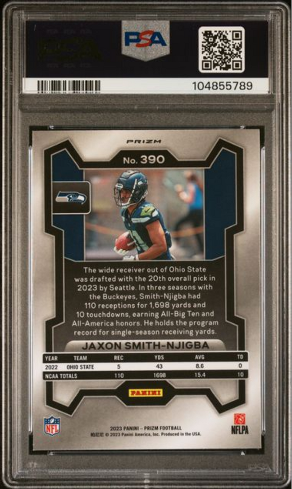 Graded 2023 Panini Prizm Jaxon Smith-Njigba #390 Green Wave Rookie RC Football Card PSA 10 Gem Mint (ONLINE ORDER ONLY)