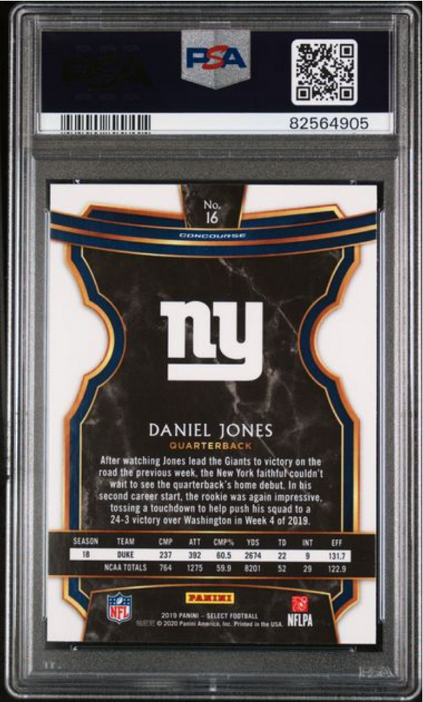 Graded 2019 Panini Select Daniel Jones #16 Rookie RC Football Card PSA 10 Gem Mint (ONLINE ORDER ONLY)