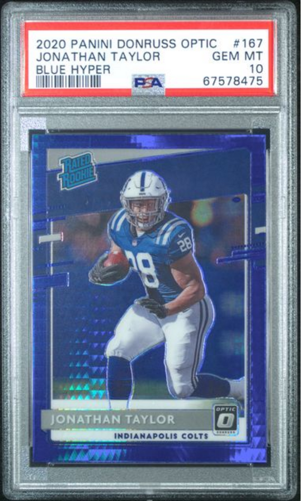 Graded 2020 Panini Donruss Optic Jonathan Taylor #167 Blue Hyper Rookie RC Football Card PSA 10 Gem Mint (ONLINE ORDER ONLY)