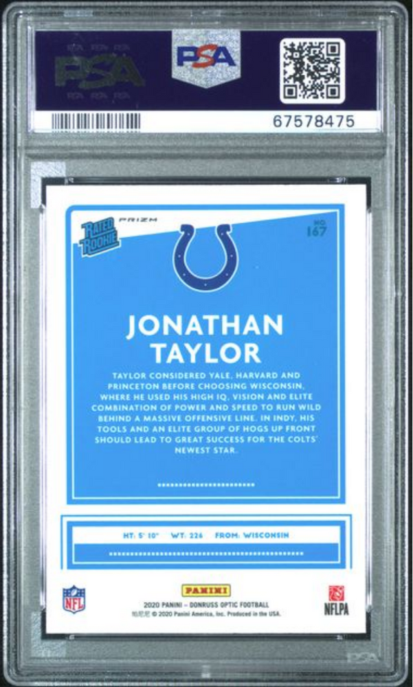 Graded 2020 Panini Donruss Optic Jonathan Taylor #167 Blue Hyper Rookie RC Football Card PSA 10 Gem Mint (ONLINE ORDER ONLY)