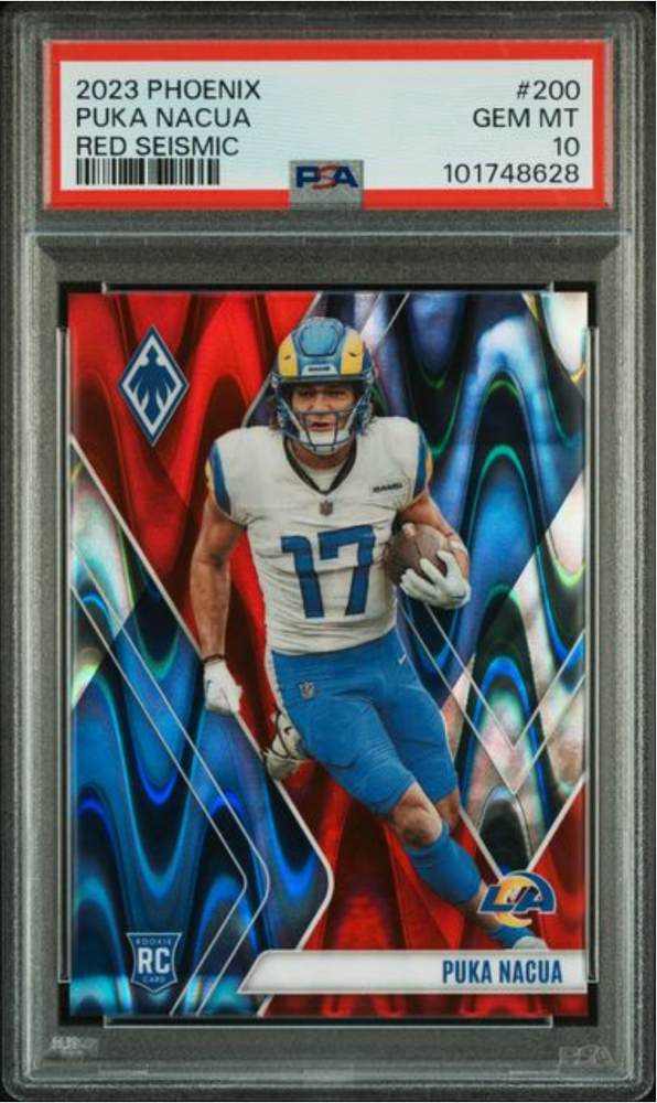 Graded 2023 Panini Phoenix Puka Nacua #200 Red Seismic /199 Rookie RC Football Card PSA 10 Gem Mint (ONLINE ORDER ONLY)