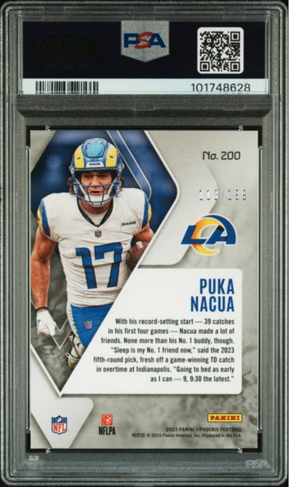 Graded 2023 Panini Phoenix Puka Nacua #200 Red Seismic /199 Rookie RC Football Card PSA 10 Gem Mint (ONLINE ORDER ONLY)