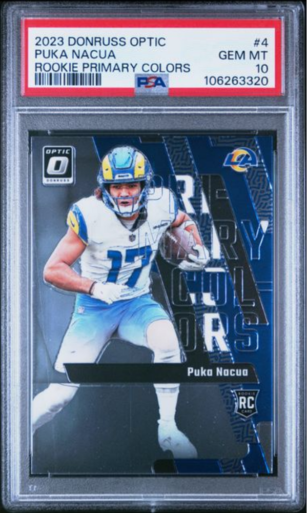 Graded 2023 Panini Donruss Optic Puka Nacua #4 Rookie Primary Colors Rookie RC Football Card PSA 10 Gem Mint (ONLINE ORDER ONLY)