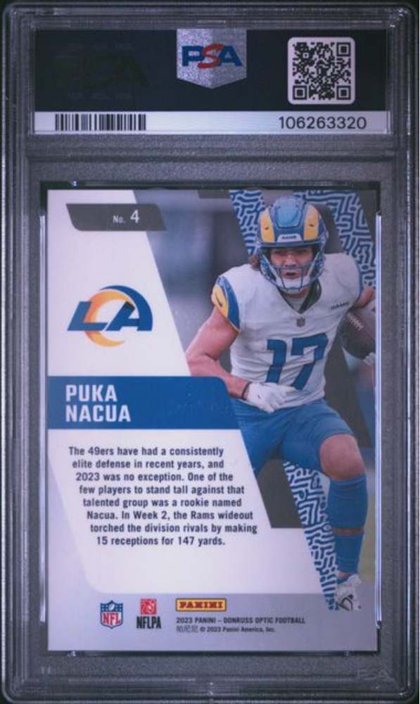 Graded 2023 Panini Donruss Optic Puka Nacua #4 Rookie Primary Colors Rookie RC Football Card PSA 10 Gem Mint (ONLINE ORDER ONLY)