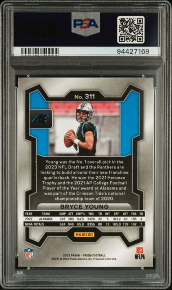 Graded 2023 Panini Prizm Bryce Young #311 Rookie RC Football Card PSA 10 Gem Mint (ONLINE ORDER ONLY)