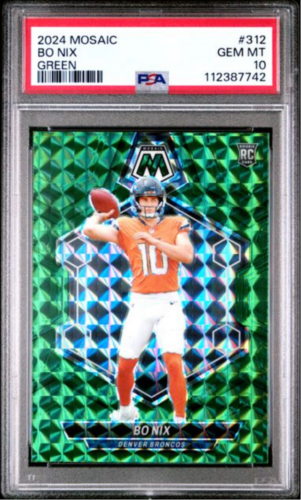 Graded 2024 Panini Mosaic Bo Nix #312 Green Rookie RC Football Card PSA 10 Gem Mint (ONLINE ORDER ONLY)