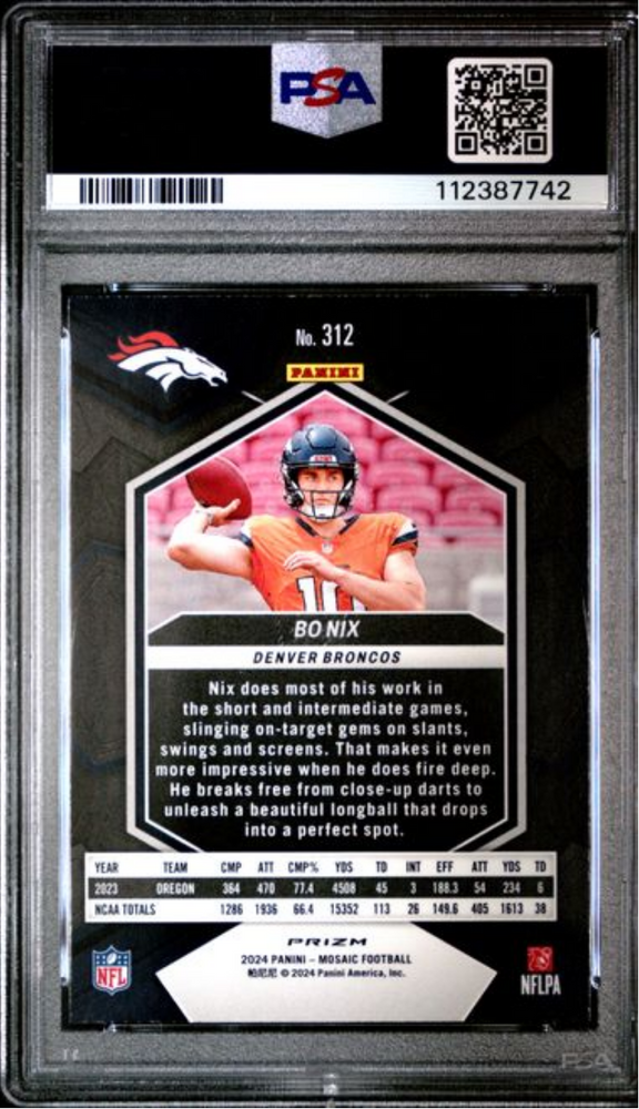Graded 2024 Panini Mosaic Bo Nix #312 Green Rookie RC Football Card PSA 10 Gem Mint (ONLINE ORDER ONLY)