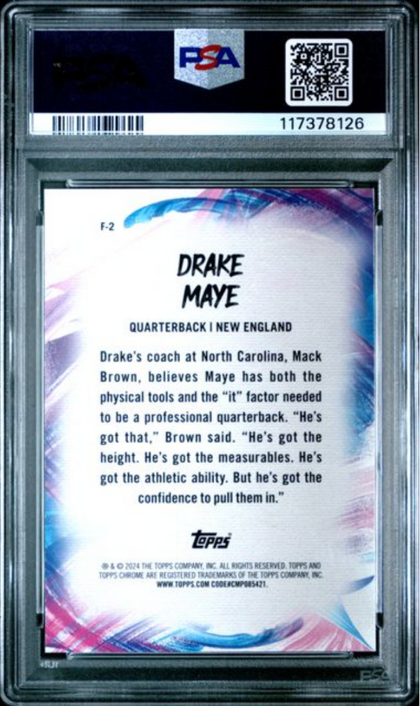 Graded 2024 Topps Chrome Drake Maye #F2 Finesse Rookie RC Football Card PSA 10 Gem Mint (ONLINE ORDER ONLY)