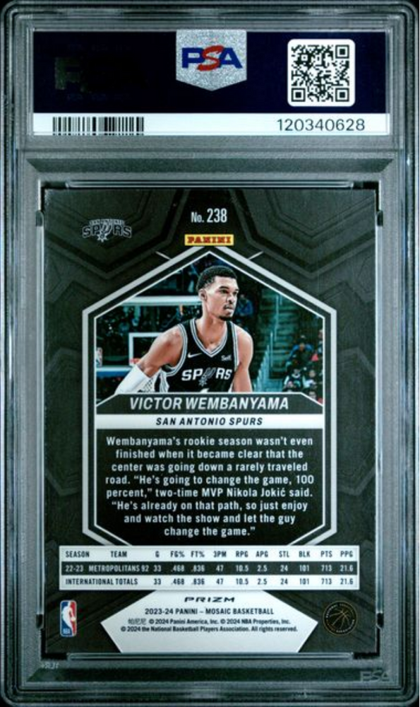 Graded 2023 Panini Mosaic Victor Wembanyama #238 Reactive Blue Rookie RC Basketball Card PSA 10 Gem Mint (ONLINE ORDER ONLY)