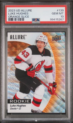 Graded 2023 Upper Deck Allure Luke Hughes #139 Orange Slice Rookie RC Hockey Card PSA 10 Gem Mint (ONLINE ORDER ONLY)