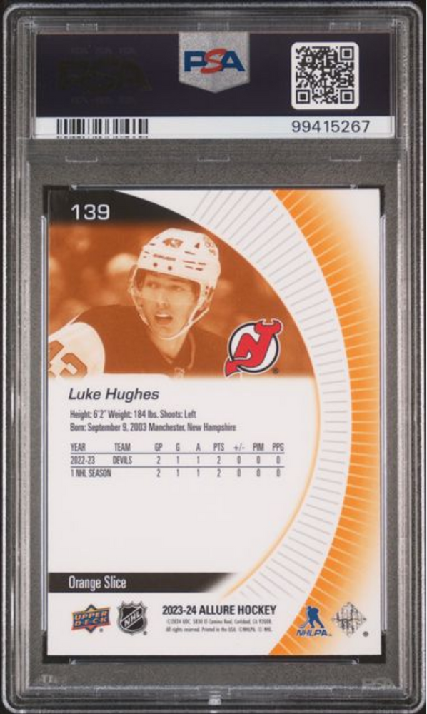 Graded 2023 Upper Deck Allure Luke Hughes #139 Orange Slice Rookie RC Hockey Card PSA 10 Gem Mint (ONLINE ORDER ONLY)