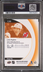 Graded 2023 Upper Deck Allure Luke Hughes #139 Orange Slice Rookie RC Hockey Card PSA 10 Gem Mint (ONLINE ORDER ONLY)