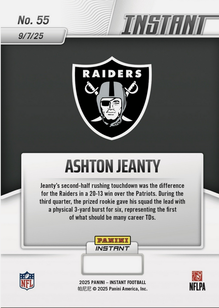 2025 Panini Instant NFL Ashton Jeanty #55 Auto /99 Las Vegas Raiders Rookie RC Football Card (ONLINE ORDER ONLY)