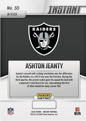 2025 Panini Instant NFL Ashton Jeanty #55 Auto /99 Las Vegas Raiders Rookie RC Football Card (ONLINE ORDER ONLY)