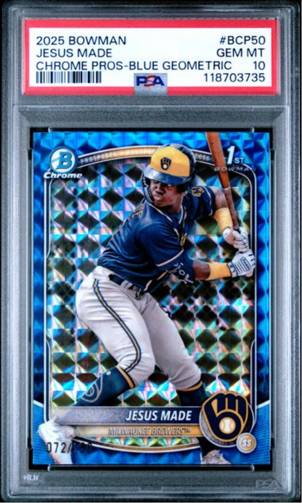 Graded 2025 Topps Bowman Jesus Made #BCP50 Chrome Prospects Blue Geometric /150 Rookie RC Baseball Card PSA 10 Gem Mint (ONLINE ORDER ONLY)