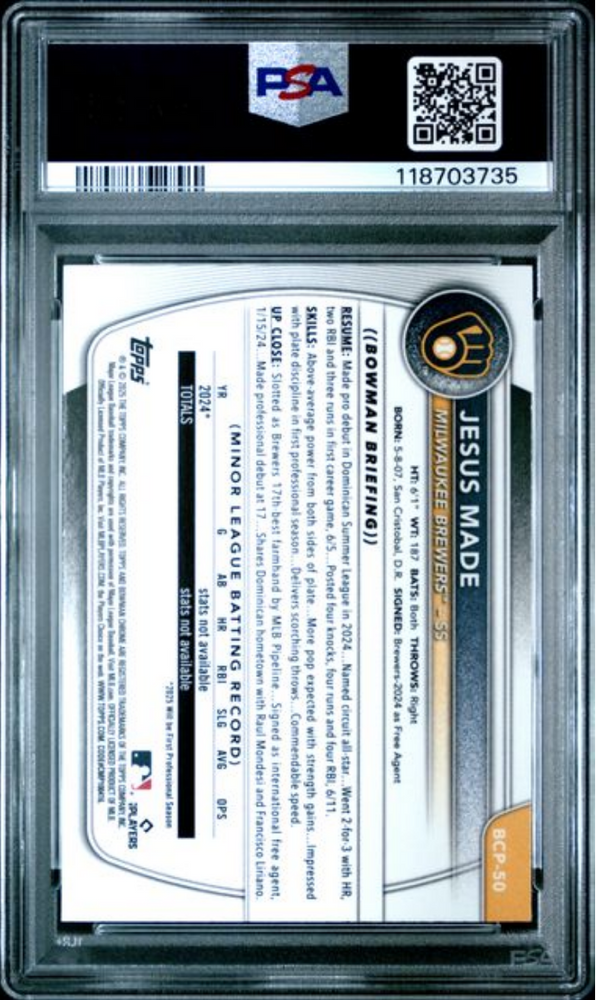 Graded 2025 Topps Bowman Jesus Made #BCP50 Chrome Prospects Blue Geometric /150 Rookie RC Baseball Card PSA 10 Gem Mint (ONLINE ORDER ONLY)