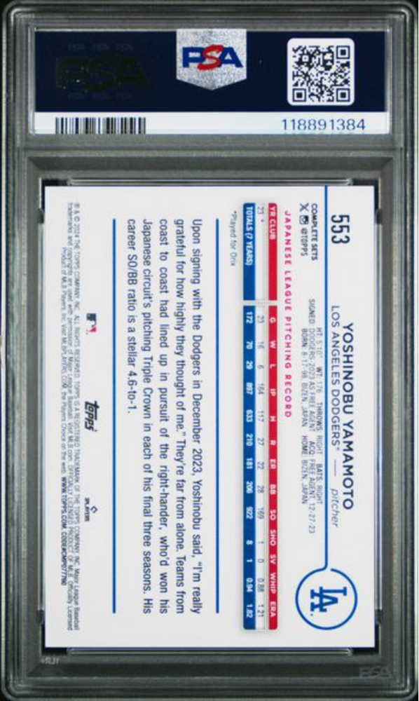 Graded 2024 Topps Complete Set Yoshinobu Yamamoto #553 Variation Rookie RC Baseball Card PSA 10 Gem Mint (ONLINE ORDER ONLY)