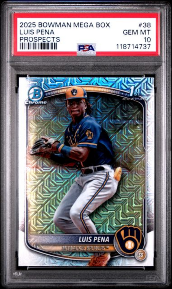 Graded 2025 Topps Bowman Mega Box Luis Pena #38 Prospects Rookie RC Baseball Card PSA 10 Gem Mint (ONLINE ORDER ONLY)