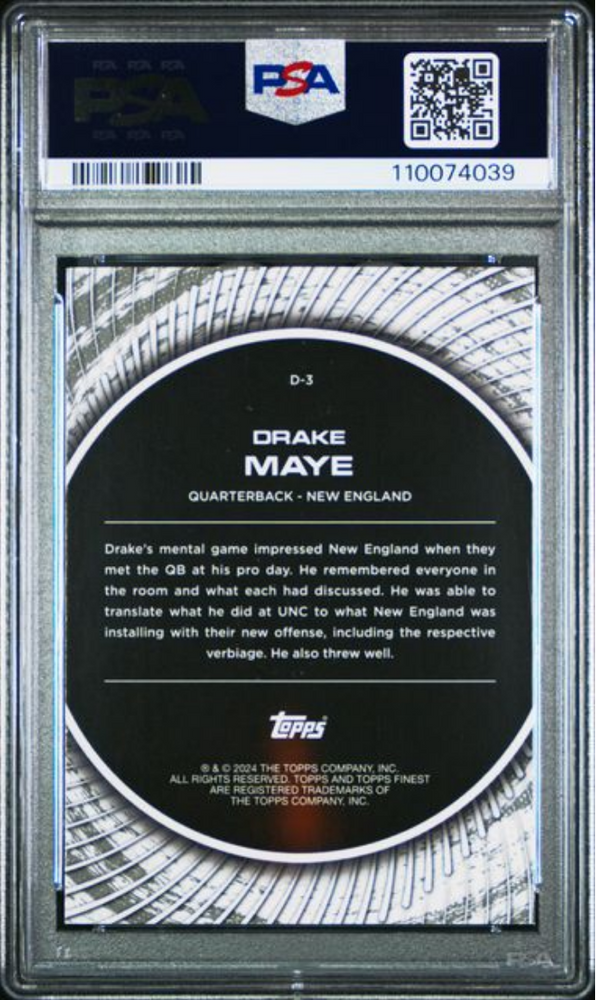 Graded 2024 Topps Finest Drake Maye #D3 Debut Checkerboard Rookie RC Football Card PSA 10 Gem Mint (ONLINE ORDER ONLY)