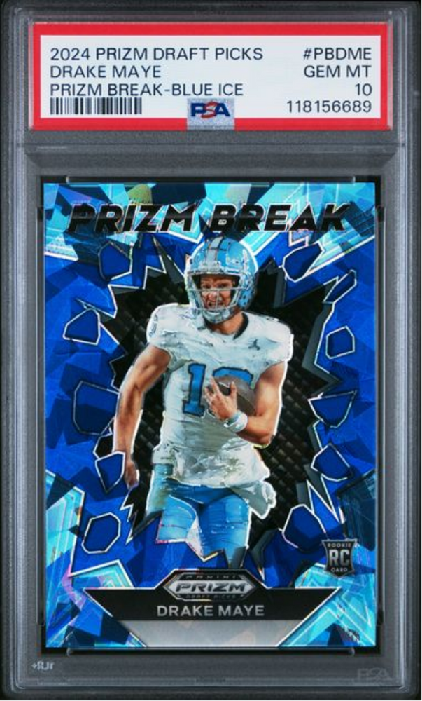 Graded 2024 Panini Prizm Draft Picks Drake Maye #PBDME Prizm Break Blue Ice /99 Rookie RC Football Card PSA 10 Gem Mint (ONLINE ORDER ONLY)