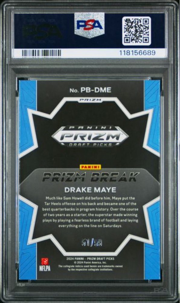Graded 2024 Panini Prizm Draft Picks Drake Maye #PBDME Prizm Break Blue Ice /99 Rookie RC Football Card PSA 10 Gem Mint (ONLINE ORDER ONLY)