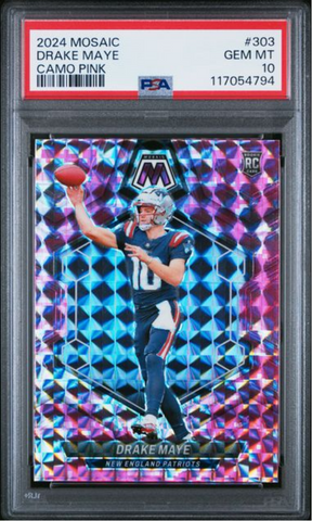 Graded 2024 Panini Mosaic Drake Maye #303 Camo Pink Rookie RC Football Card PSA 10 Gem Mint (ONLINE ORDER ONLY)