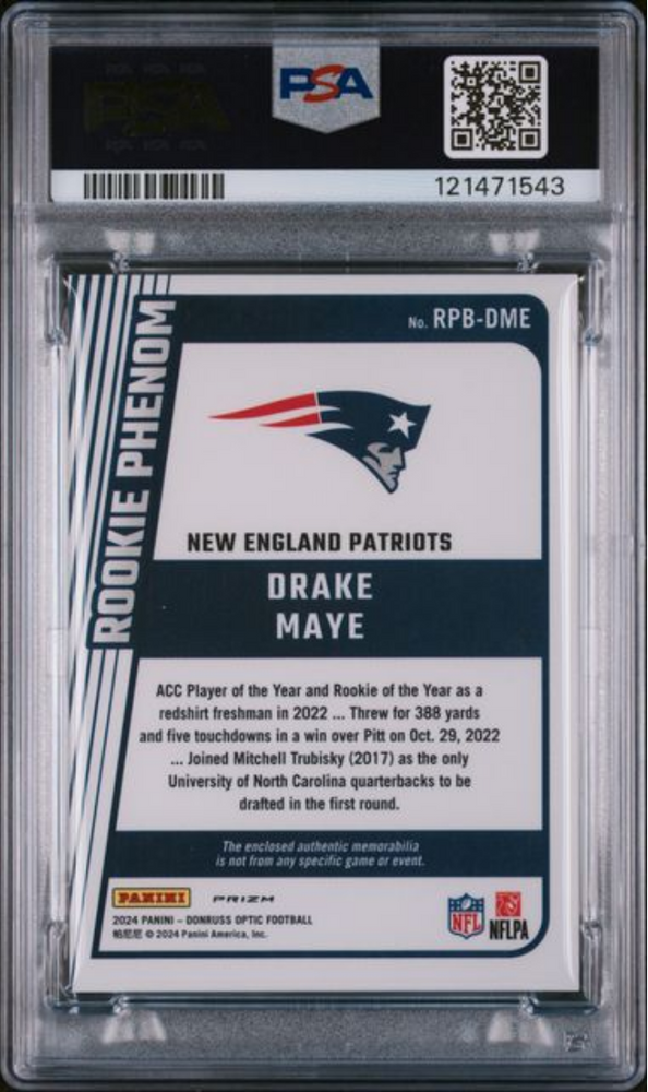 Graded 2024 Panini Donruss Optic Drake Maye #RPBDME Rookie Phenoms Relic Rookie RC Football Card PSA 10 Gem Mint (ONLINE ORDER ONLY)
