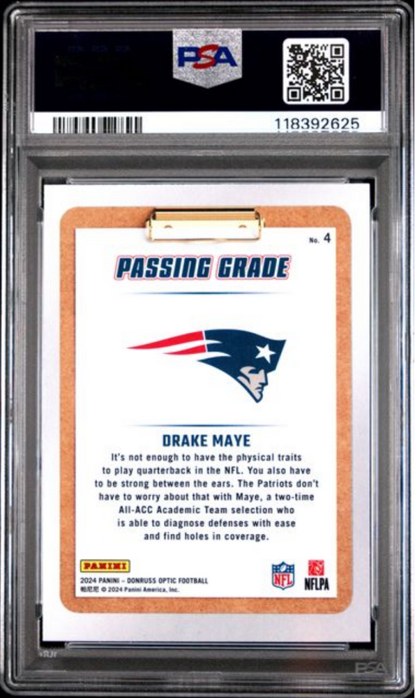 Graded 2024 Panini Donruss Optic Drake Maye #4 Passing Grade Rookie RC Football Card PSA 10 Gem Mint (ONLINE ORDER ONLY)