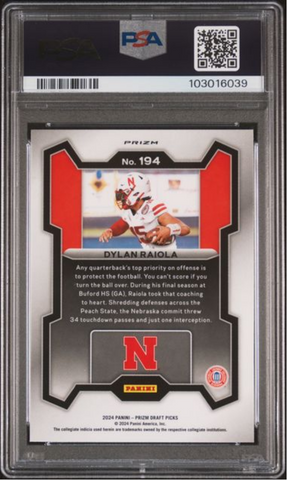 Graded 2024 Panini Prizm Draft Picks Dylan Raiola #194 Red Ice Rookie RC Football Card PSA 10 Gem Mint (ONLINE ORDER ONLY)