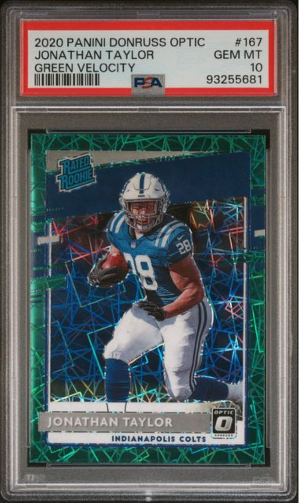 Graded 2020 Panini Donruss Optic Jonathan Taylor #167 Green Velocity Rookie RC Football Card PSA 10 Gem Mint (ONLINE ORDER ONLY)