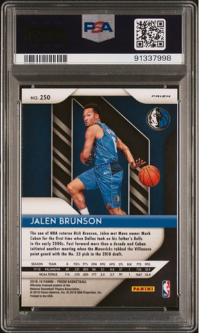 Graded 2018 Panini Prizm Jalen Brunson #250 Green Prizm Rookie RC Basketball Card PSA 10 Gem Mint (ONLINE ORDER ONLY)