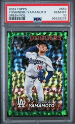 Graded 2024 Topps Yoshinobu Yamamoto #553 Green Foil /499 Rookie RC Baseball Card PSA 10 Gem Mint (ONLINE ORDER ONLY)