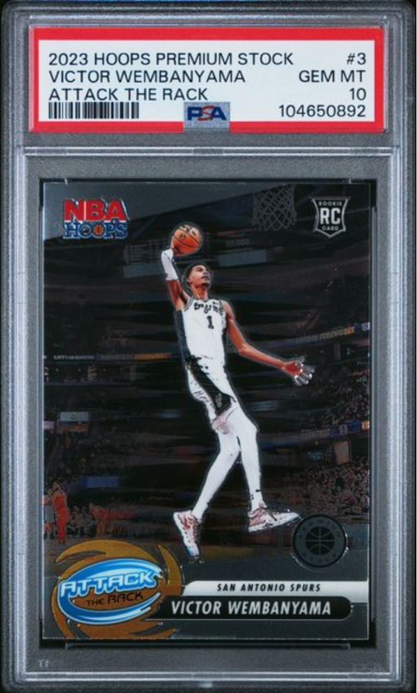 Graded 2023 Panini NBA Hoops Premium Stock Victor Wembanyama #3 Attack The Rack Rookie RC Basketball Card PSA 10 Gem Mint (ONLINE ORDER ONLY)