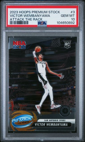 Graded 2023 Panini NBA Hoops Premium Stock Victor Wembanyama #3 Attack The Rack Rookie RC Basketball Card PSA 10 Gem Mint (ONLINE ORDER ONLY)