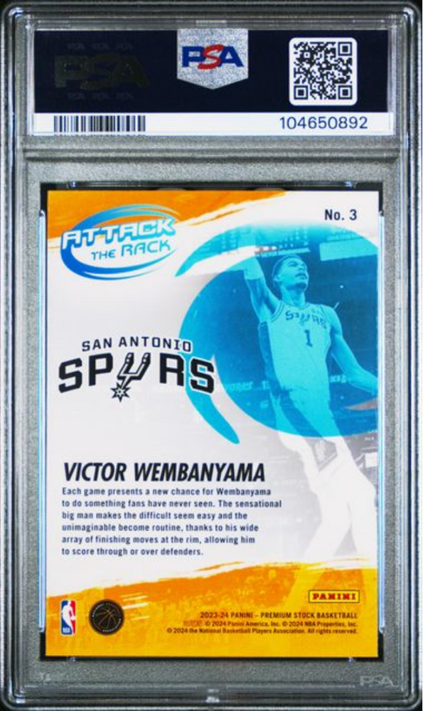 Graded 2023 Panini NBA Hoops Premium Stock Victor Wembanyama #3 Attack The Rack Rookie RC Basketball Card PSA 10 Gem Mint (ONLINE ORDER ONLY)