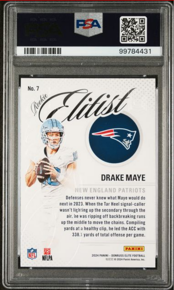Graded 2024 Panini Donruss Elite Drake Maye #7 Elitist Rookie RC Football Card PSA 10 Gem Mint (ONLINE ORDER ONLY)