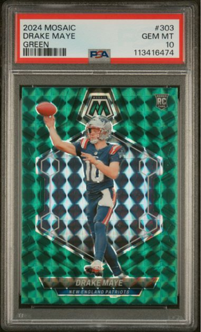 Graded 2024 Panini Mosaic Drake Maye #303 Green Rookie RC Football Card PSA 10 Gem Mint (ONLINE ORDER ONLY)