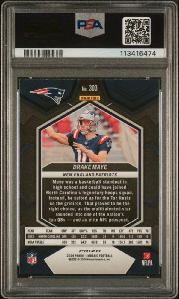 Graded 2024 Panini Mosaic Drake Maye #303 Green Rookie RC Football Card PSA 10 Gem Mint (ONLINE ORDER ONLY)