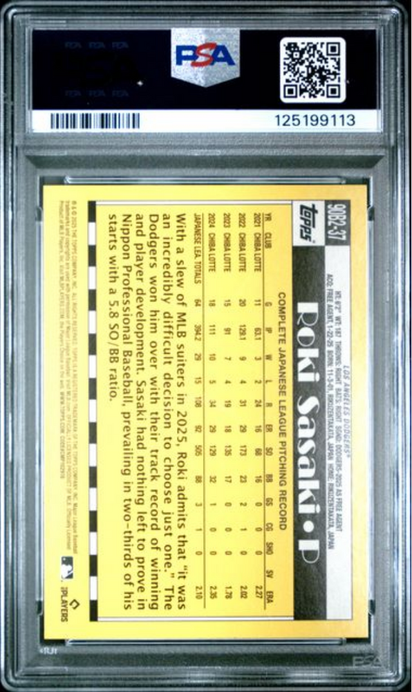 Graded 2025 Topps Roki Sasaki #90B2-37 1990 Topps Rookie RC Baseball Card PSA 10 Gem Mint (ONLINE ORDER ONLY)