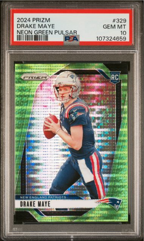 Graded 2024 Panini Prizm Drake Maye #329 Neon Green Pulsar Rookie RC Football Card PSA 10 Gem Mint (ONLINE ORDER ONLY)