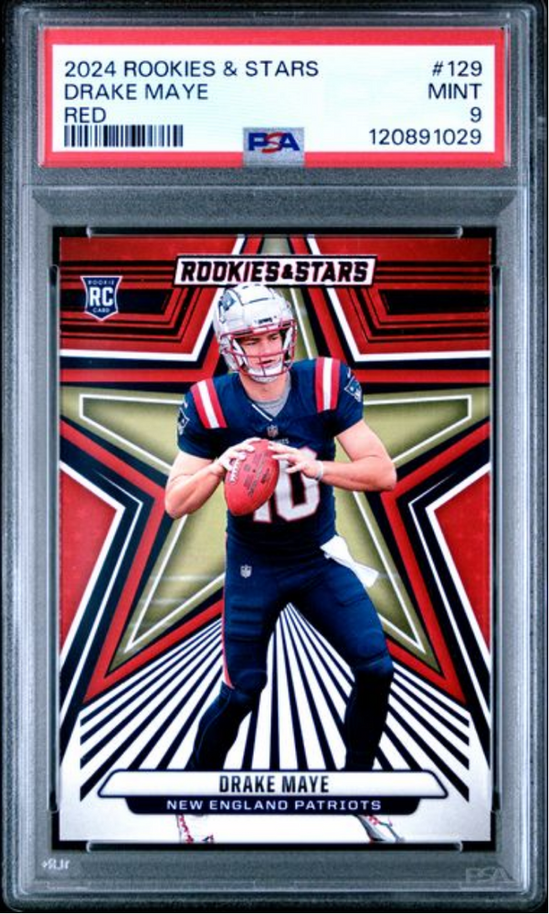Graded 2024 Panini Rookies & Stars Drake Maye #129 Red Rookie RC Football Card PSA 9 Mint (ONLINE ORDER ONLY)
