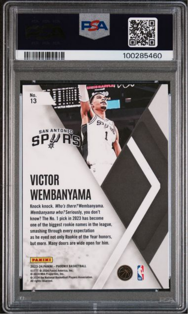Graded 2023 Panini Phoenix Victor Wembanyama #13 Instant Phenom Rookie RC Basketball Card PSA 10 Gem Mint (ONLINE ORDER ONLY)
