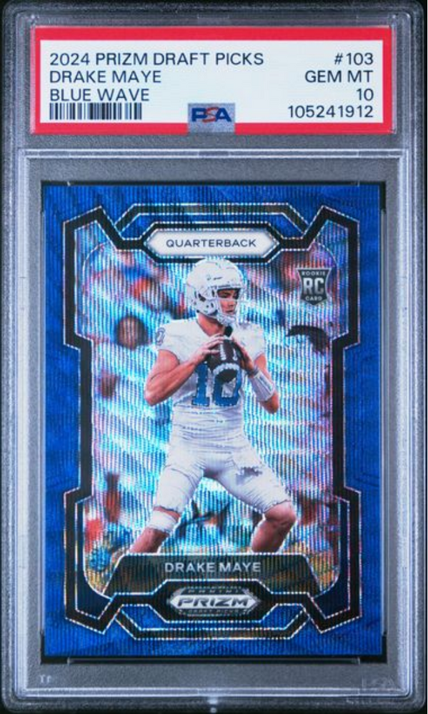 Graded 2024 Panini Prizm Draft Picks Drake Maye #103 Blue Wave /249 Rookie RC Football Card PSA 10 Gem Mint (ONLINE ORDER ONLY)