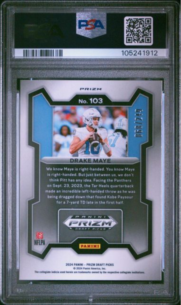 Graded 2024 Panini Prizm Draft Picks Drake Maye #103 Blue Wave /249 Rookie RC Football Card PSA 10 Gem Mint (ONLINE ORDER ONLY)