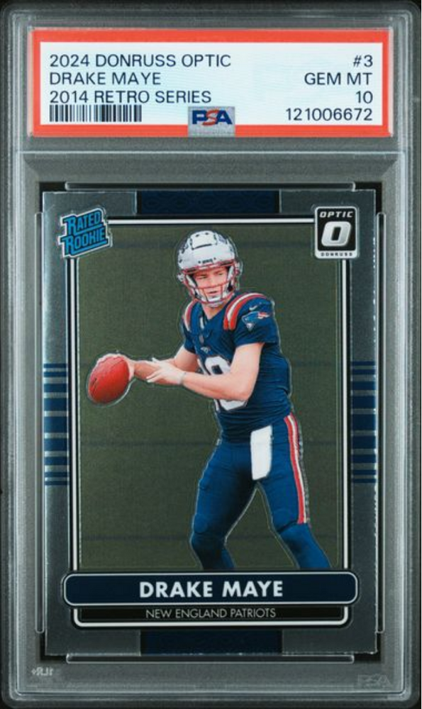 Graded 2024 Panini Donruss Optic Drake Maye #3 2014 Retro Series Rookie RC Football Card PSA 10 Gem Mint (ONLINE ORDER ONLY)