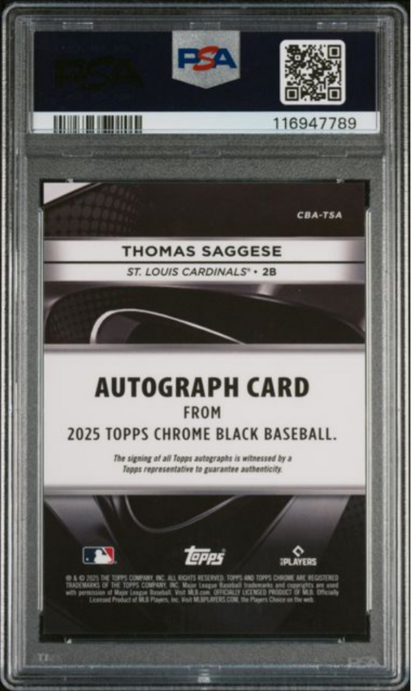 Graded 2025 Topps Chrome Black Thomas Saggese #TSA Autograph Gold Refractor /50 Rookie RC Baseball Card PSA 10 Gem Mint (ONLINE ORDER ONLY)