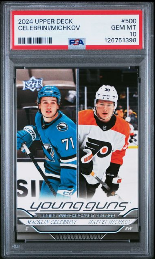 Graded 2024 Upper Deck Macklin Celebrini/Matvei Michkov #500 Rookie RC Hockey Card PSA 10 Gem Mint (ONLINE ORDER ONLY)