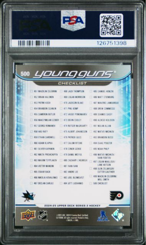 Graded 2024 Upper Deck Macklin Celebrini/Matvei Michkov #500 Rookie RC Hockey Card PSA 10 Gem Mint (ONLINE ORDER ONLY)