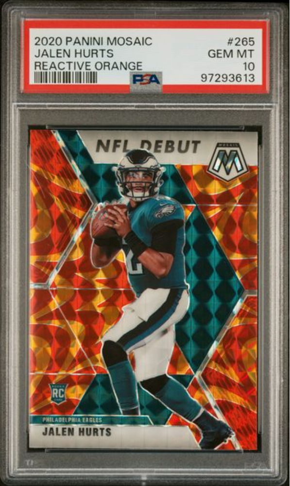 Graded 2020 Panini Mosaic Jalen Hurts #265 Reactive Orange Rookie RC Football Card PSA 10 Gem Mint (ONLINE ORDER ONLY)