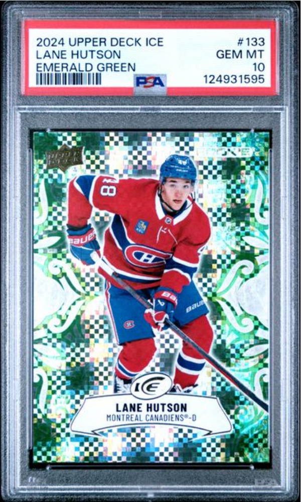 Graded 2024 Upper Deck Ice Lane Hutson #133 Emerald Green Rookie RC Hockey Card PSA 10 Gem Mint (ONLINE ORDER ONLY)